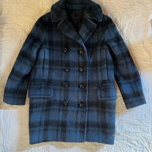 Coach Blue and Black Plaid Pea Coat Pre-owned in excellent condition